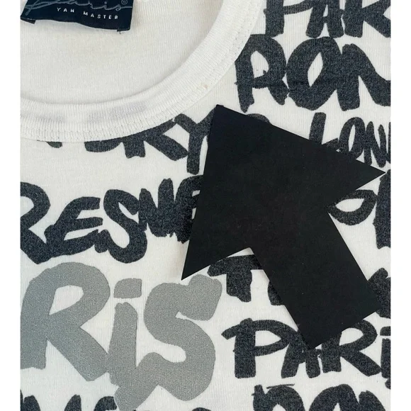 (VTG) YAN MASTER • Black/White/Silver Y2K Paris Name Print Long Sleeve Tee, S - Picture 9 of 16